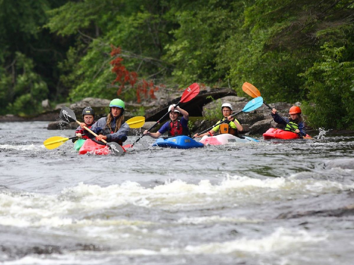 Group of kayakers paddling on a river surrounded by trees.