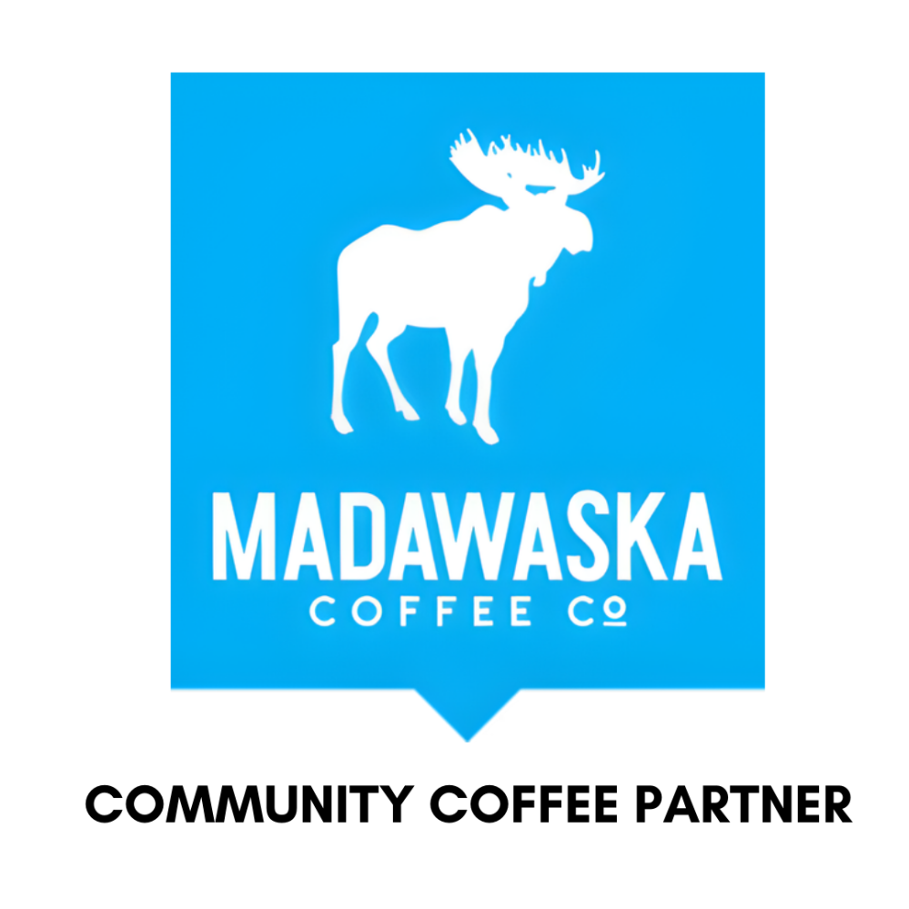 Blue logo with a white moose silhouette, text: MADAWASKA COFFEE CO, COMMUNITY COFFEE PARTNER.